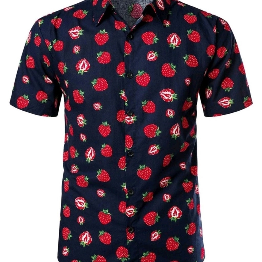 XL Men's Strawberry Fruit Print Button-down Shirt